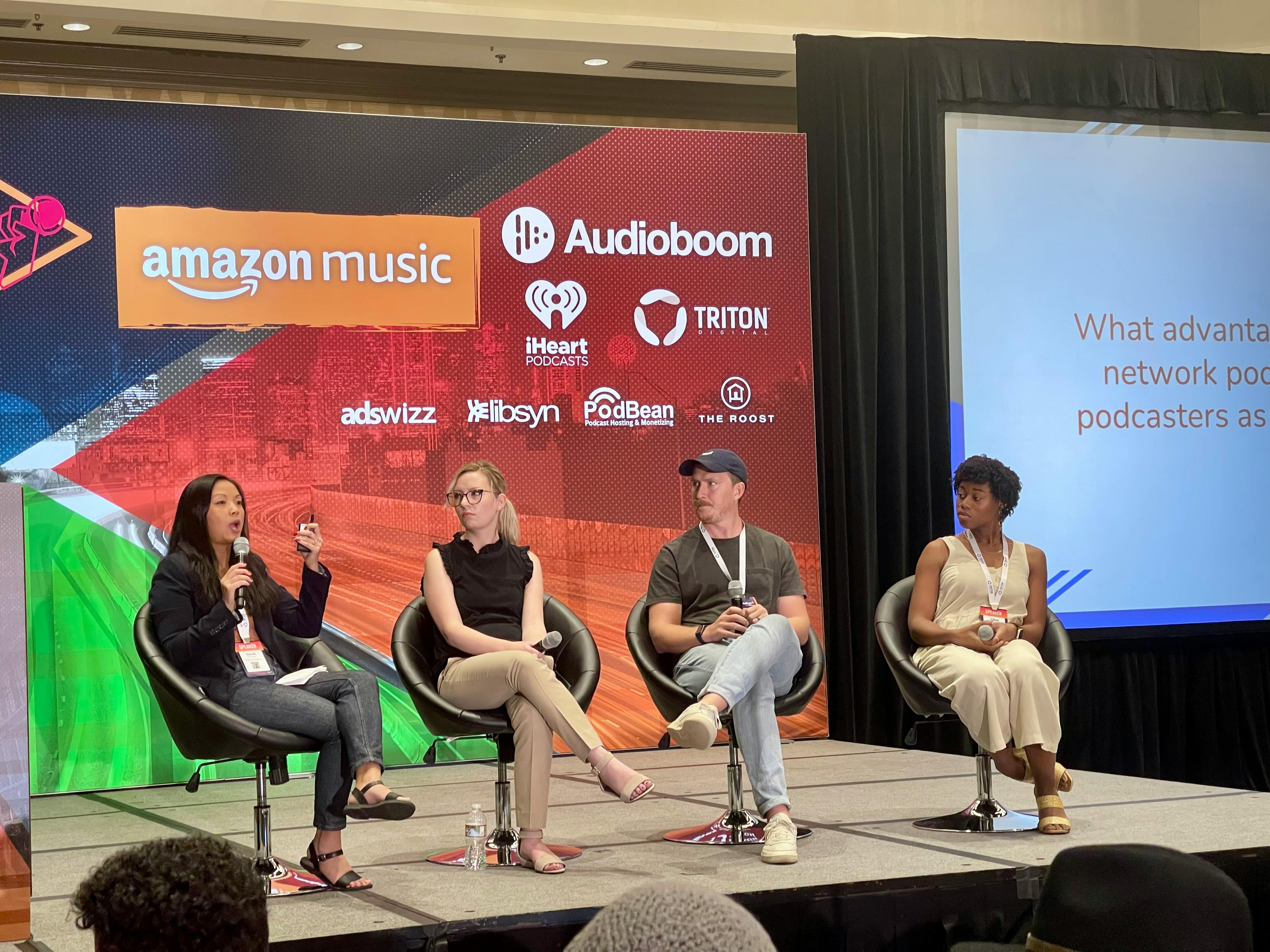 Jordan Blair speaking on a sponsorship panel (Podcast Movement 2022)